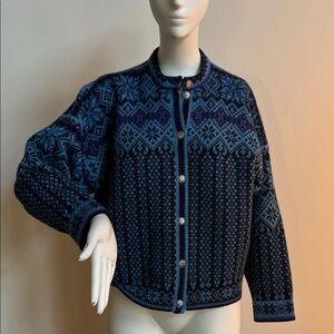 Norwegian wool cardigan with medal buttons Blue and Purple Patterned Cardigan